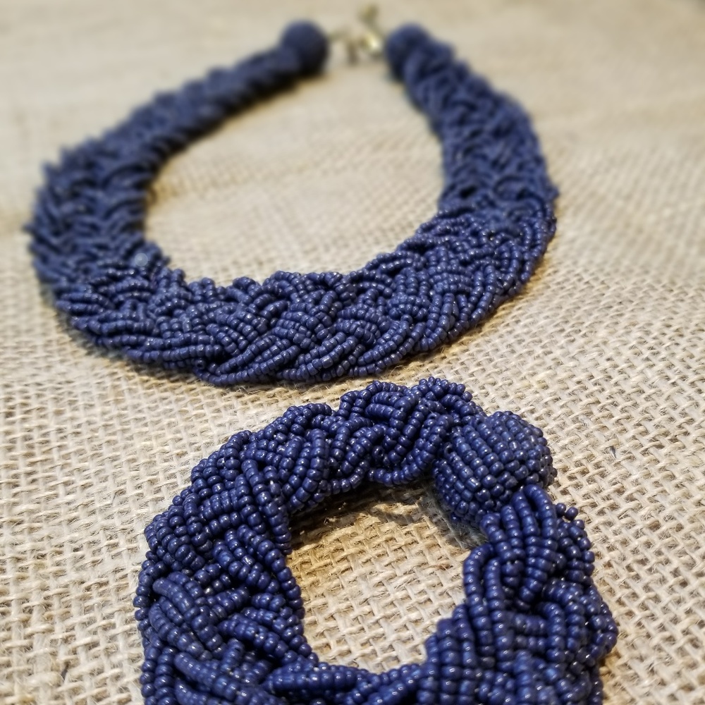 Navy Blue Braided Beads Necklace & Bracelet (SET)